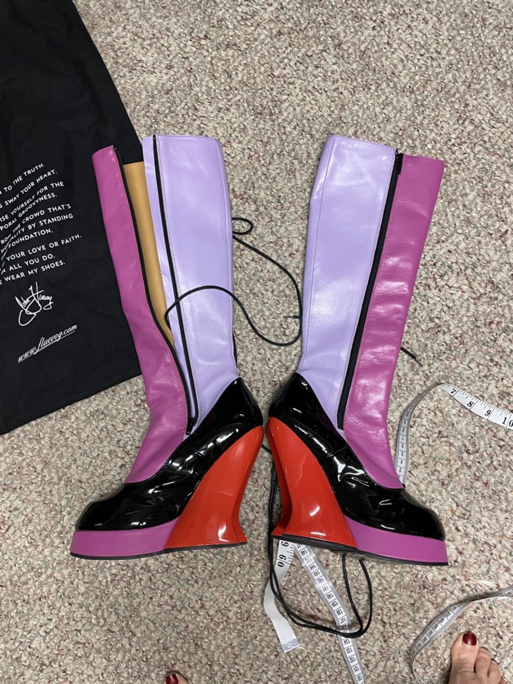 John fluevog grand national purple/Black Lace-Up Wedge Boots with Red Heel - Picture 8 of 11